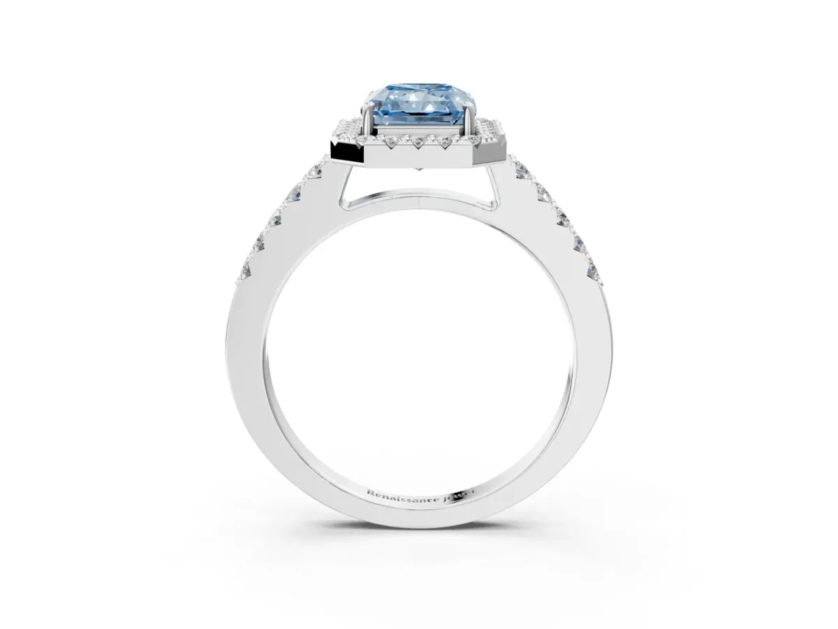 Fancy Blue Radiant Cut Halo Diamond Pavé Solitaire Ring Silver