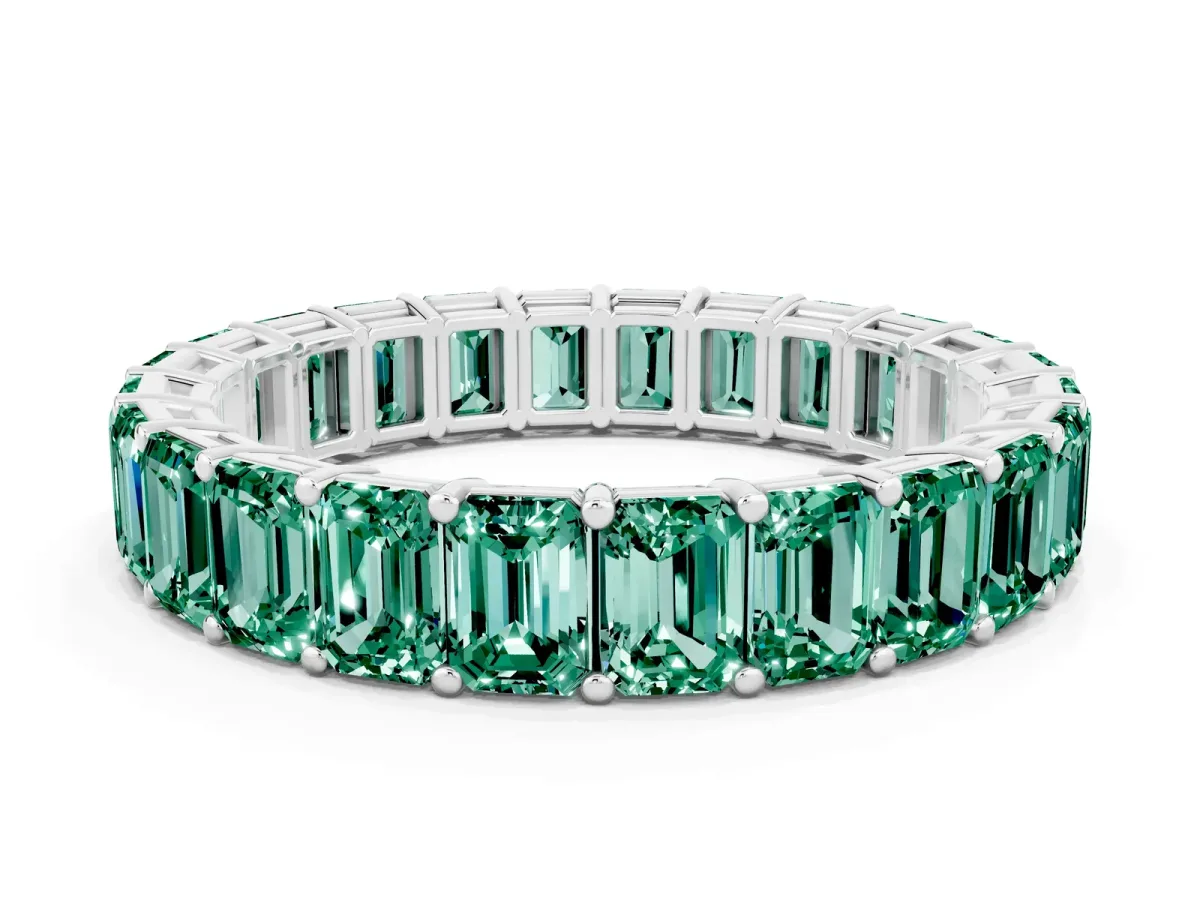 Emerald Cut Green Sapphire Eternity Band with Shared Prong Setting Platinum
