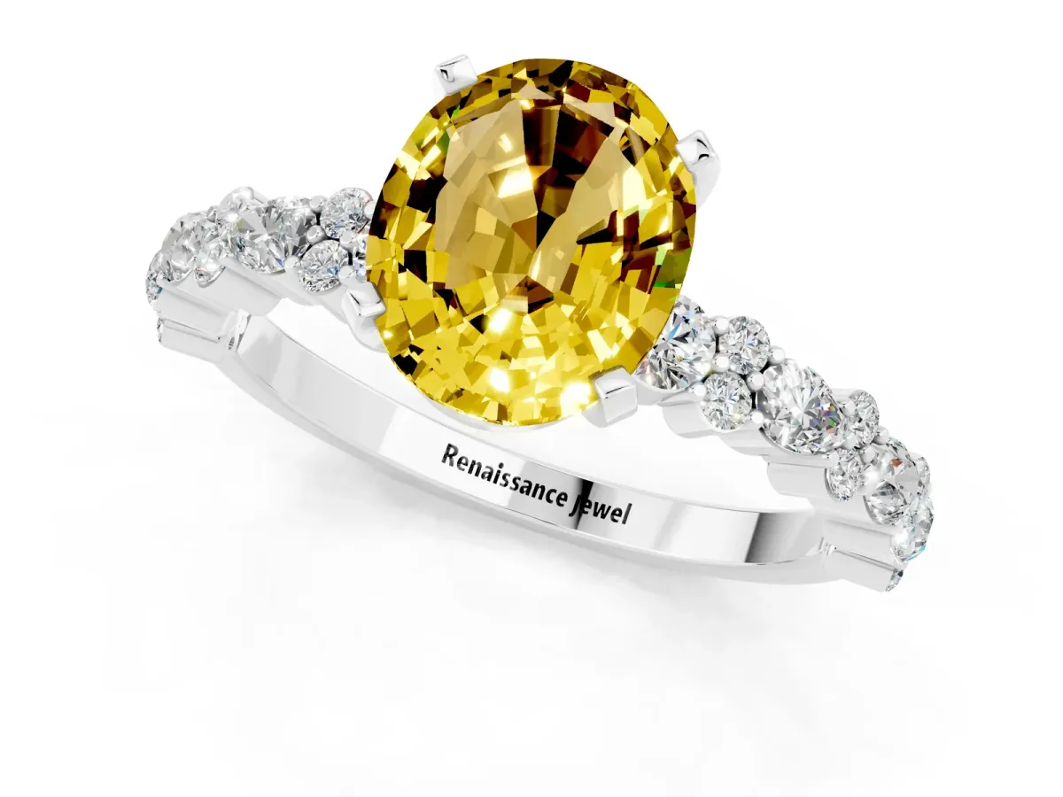 Oval Cut Yellow Sapphire Side Stone Solitaire Ring with Round and Four-Prong Setting Silver