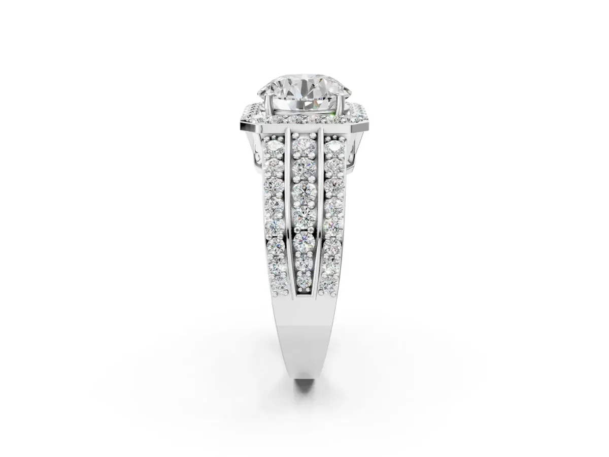 Round Cut Halo Diamond Ring with Round Tanzanite Split Shank and Prong Setting Platinum