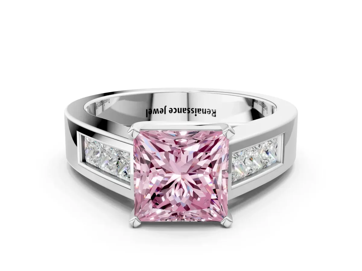 Fancy Pink Princess Cut Cut Channel Set Solitaire Ring with Four-Prong Setting Platinum
