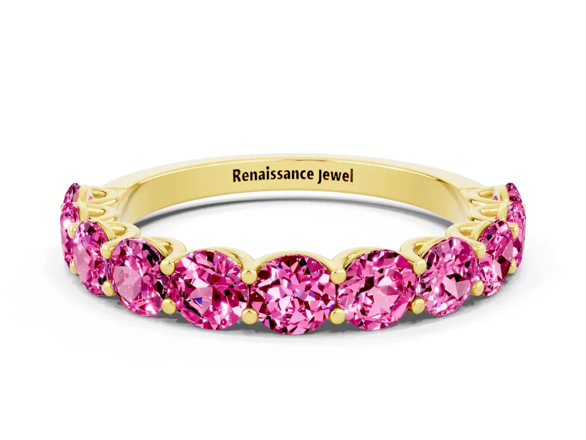 Round Pink Sapphire Shared Prong Eternity Band Yellow gold