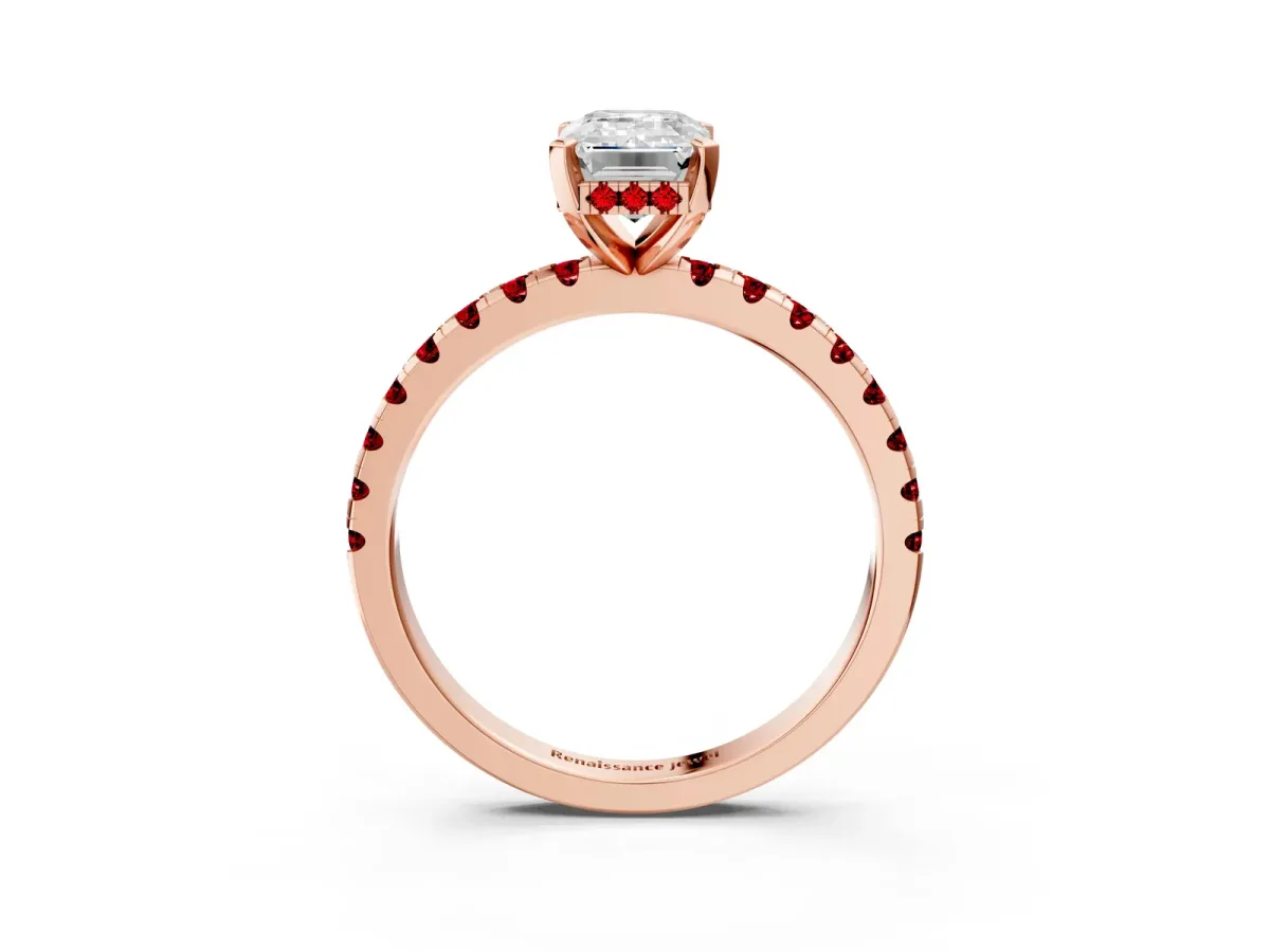 Emerald Cut Diamond Solitaire Ring with Round Ruby Pavé Band and Four-Prong Setting Rose gold