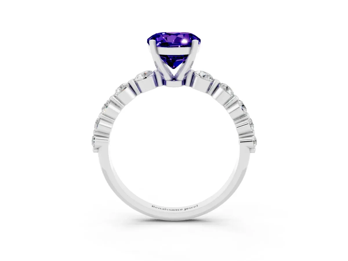 Round Cut Solitaire Tanzanite Ring with Pave Band and Four-Prong Setting Silver
