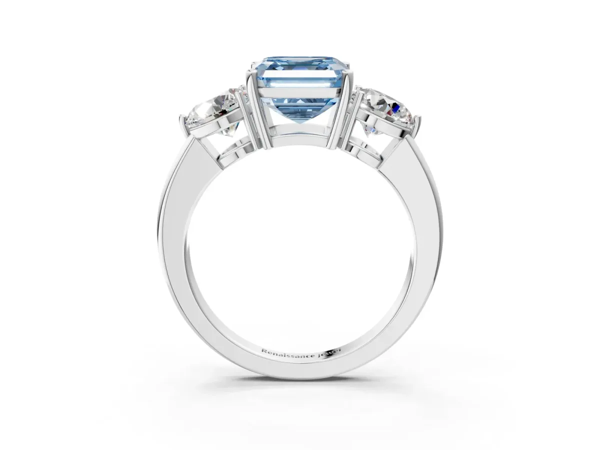 Fancy Blue Asscher Cut Diamond Three-Stone Ring with Prong Setting and Classic Band Platinum