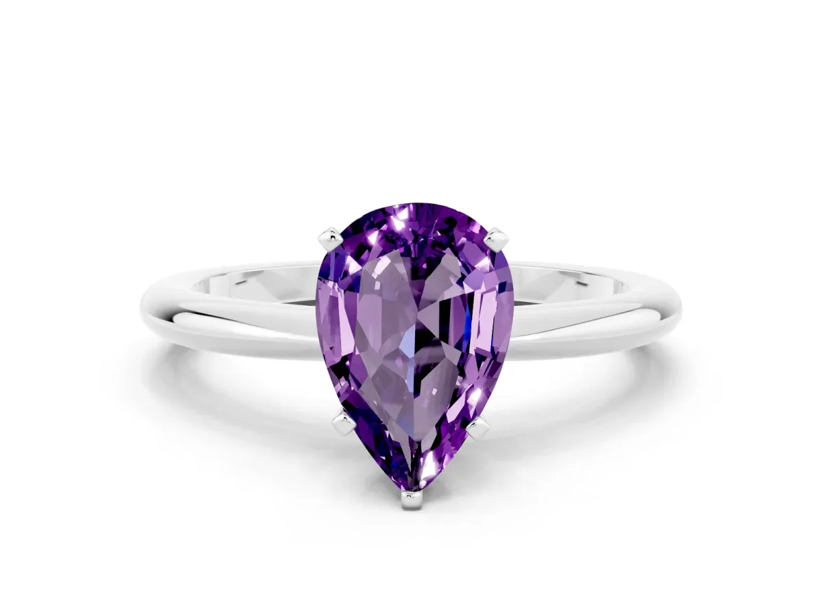 Pear Cut Amethyst Solitaire Ring with Six-Prong Setting and Classic Band Silver