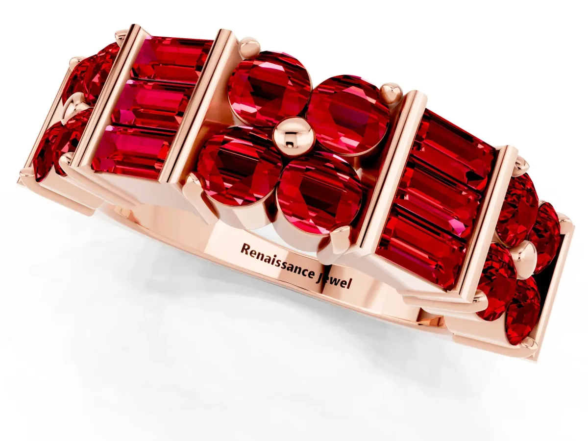 Channel Set Round and Baguette Ruby Anniversary Band with Prong Setting Rose gold