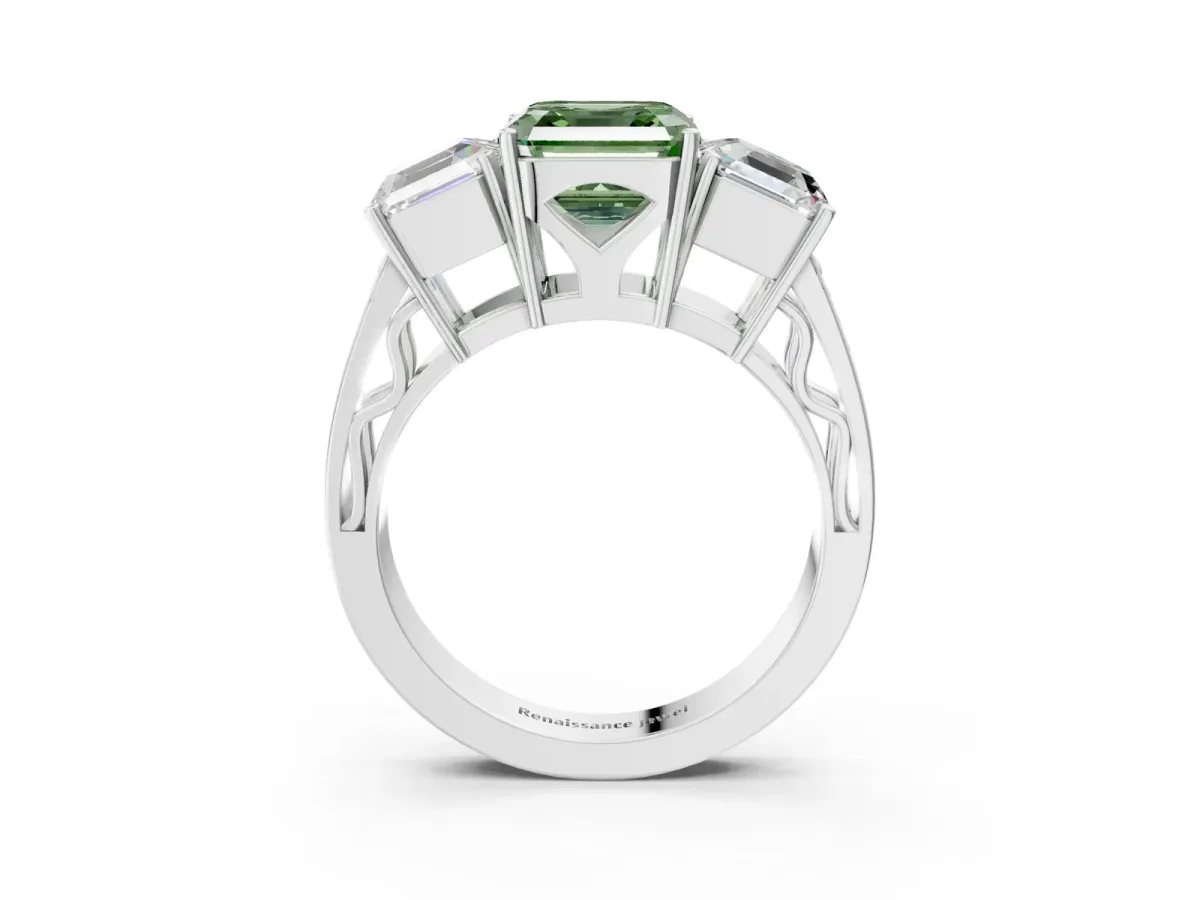 Fancy Green Asscher Cut Diamond Three-Stone Ring with Prong Setting and Textured Band Platinum