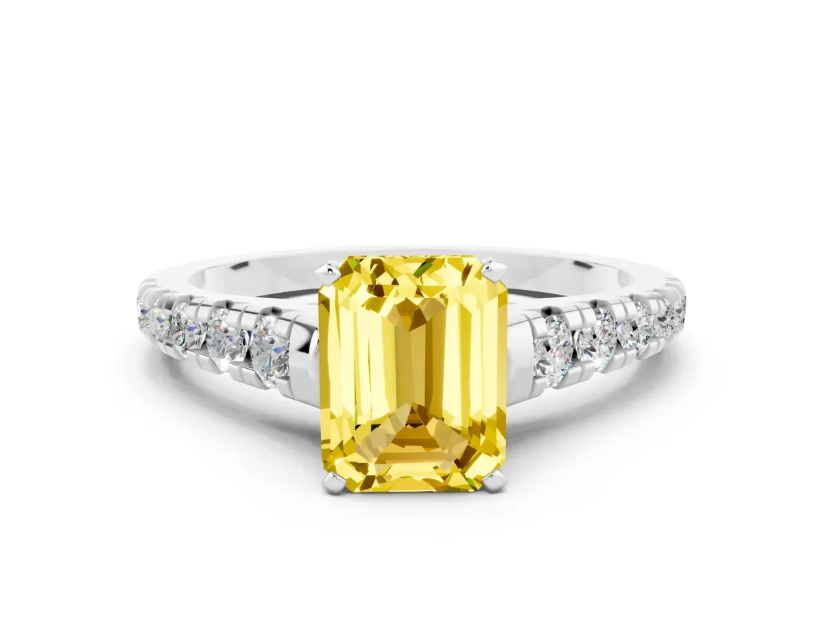 Emerald Cut Yellow Sapphire Cathedral Solitaire Ring with Round Pavé Band Silver