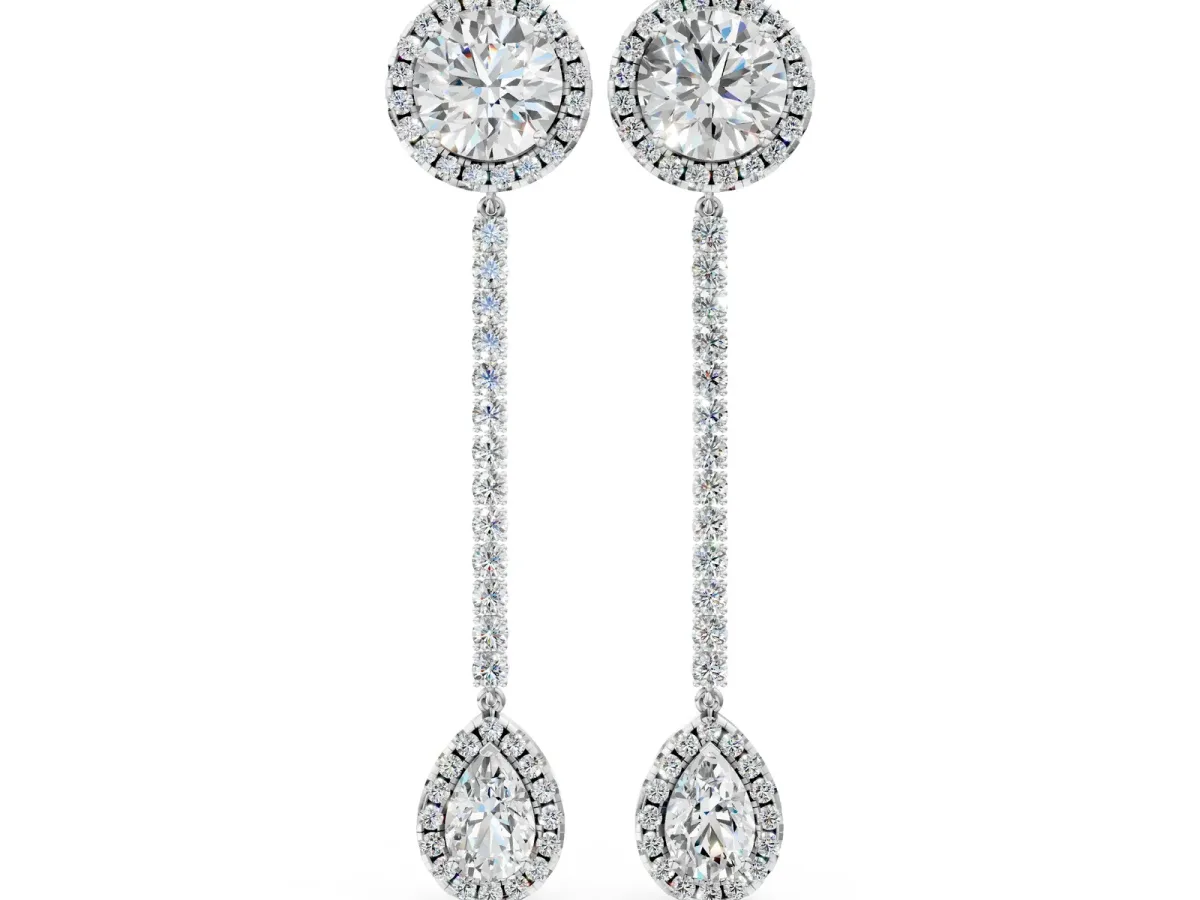 Round and Pear Diamond Halo Drop Earrings Silver