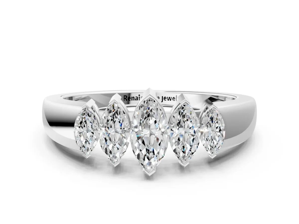 Five-Stone Marquise Diamond Bar Set White Gold Band Silver