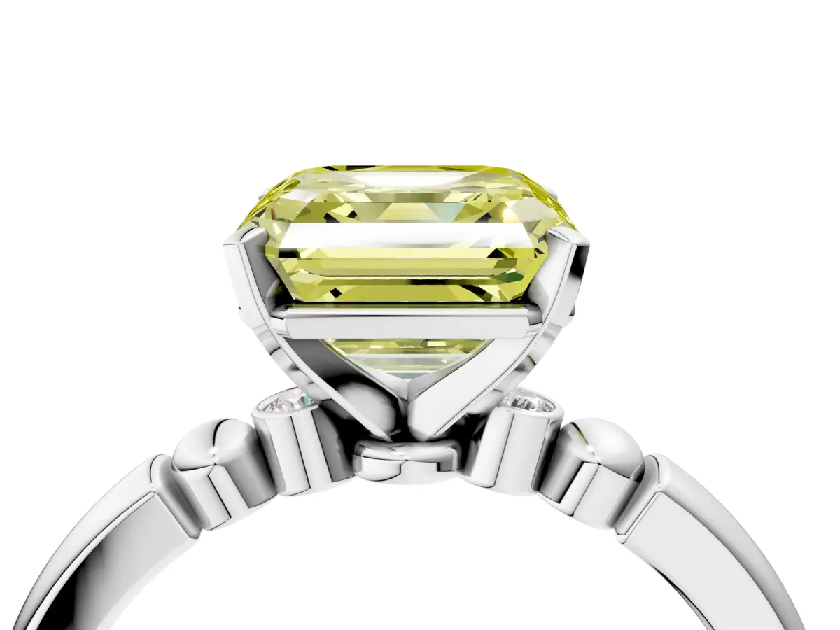 Fancy Yellow Asscher Cut Solitaire Beaded Band with Four-Prong Setting Platinum