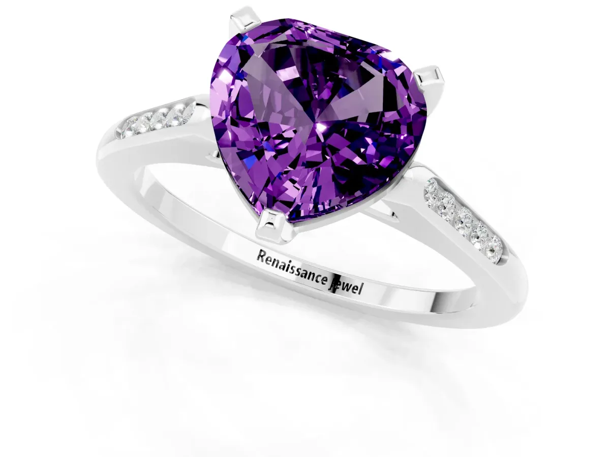 Heart Cut Amethyst Solitaire Ring with Channel Set Round Band and Prong Setting Silver