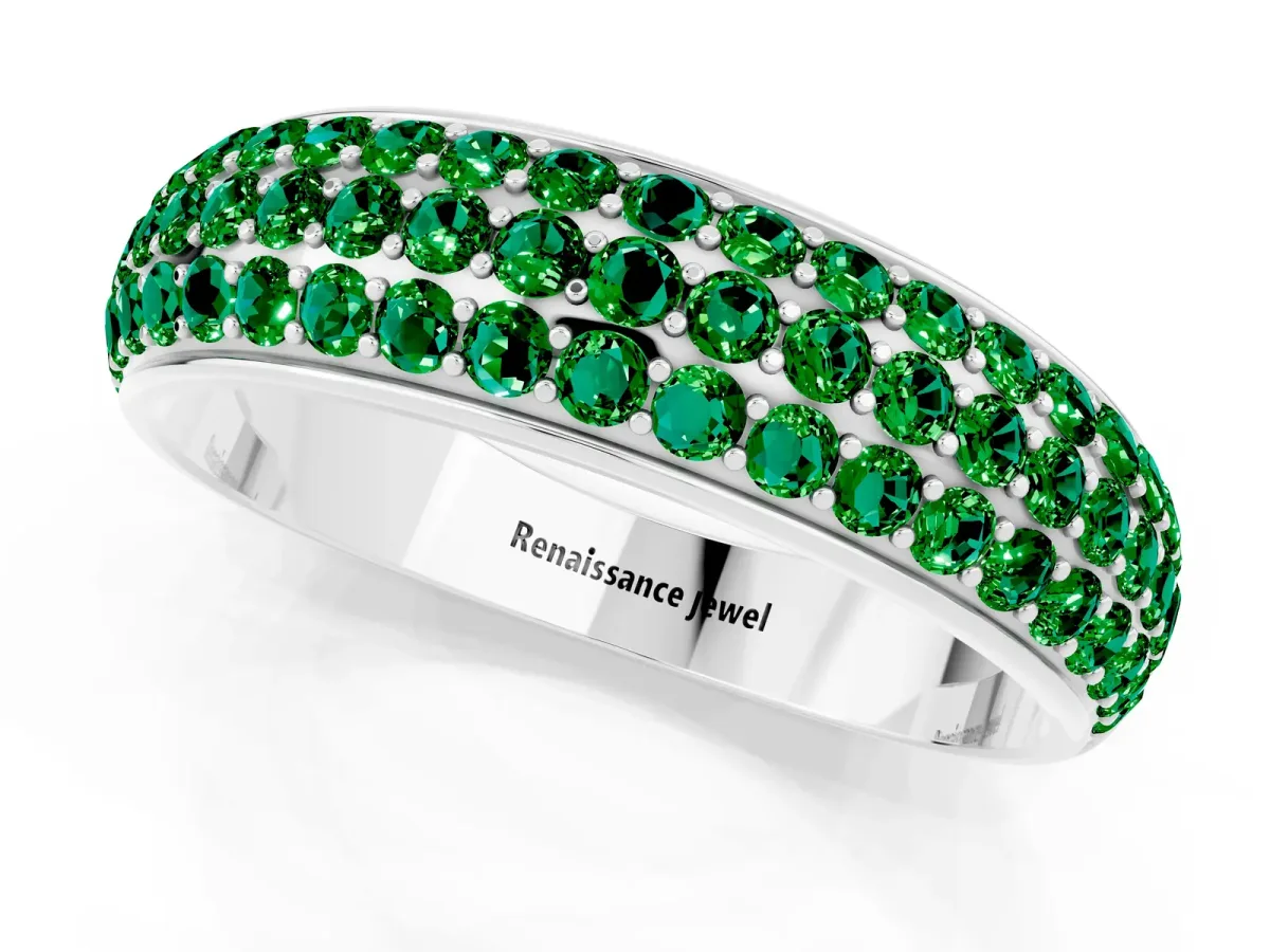 Three-Row Round Emerald Eternity Band with Shared Prong Setting Platinum