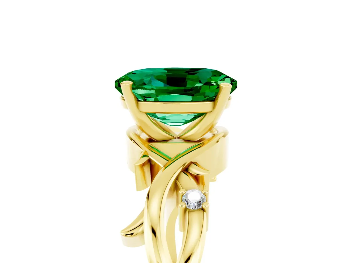 Oval Cut Emerald Solitaire Ring with Twisted Band and Prong Setting Yellow gold