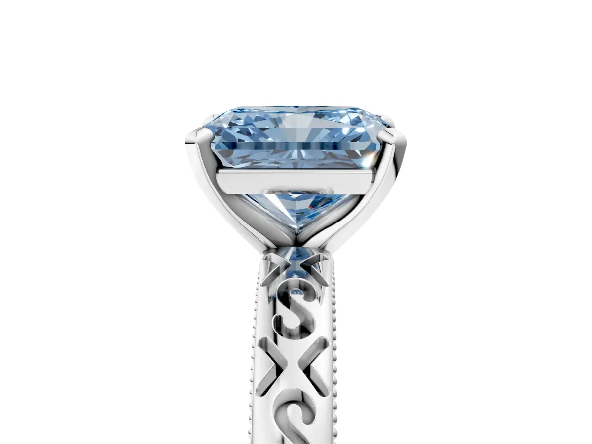 Fancy Blue Radiant Cut Solitaire Engagement Ring with Scrollwork Band and Four-Prong Setting Platinum