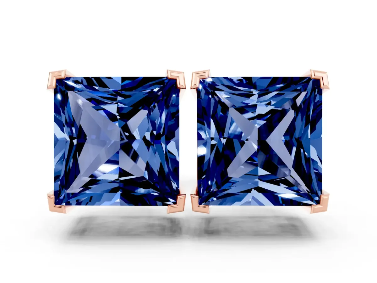 Princess Cut Blue Sapphire Stud Earrings Rose gold