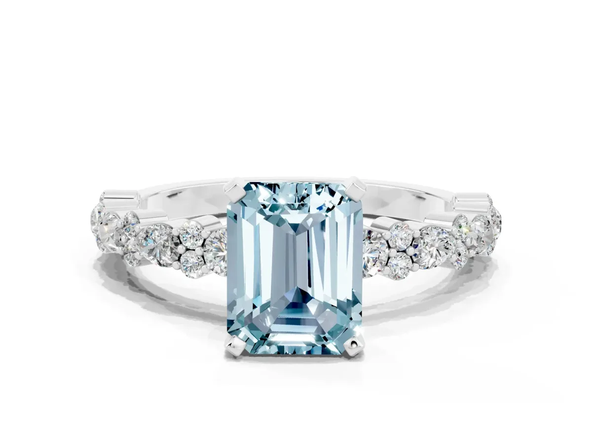 Emerald Cut Aquamarine Side Stone Solitaire Ring with Round and Four-Prong Setting Silver