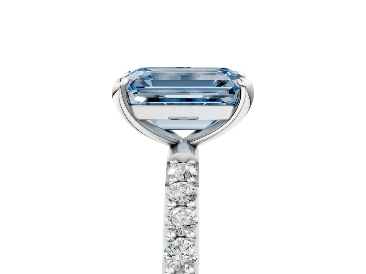 Fancy Blue Emerald Cut Diamond Solitaire Ring with Round Pavé Band and Prong Setting Silver