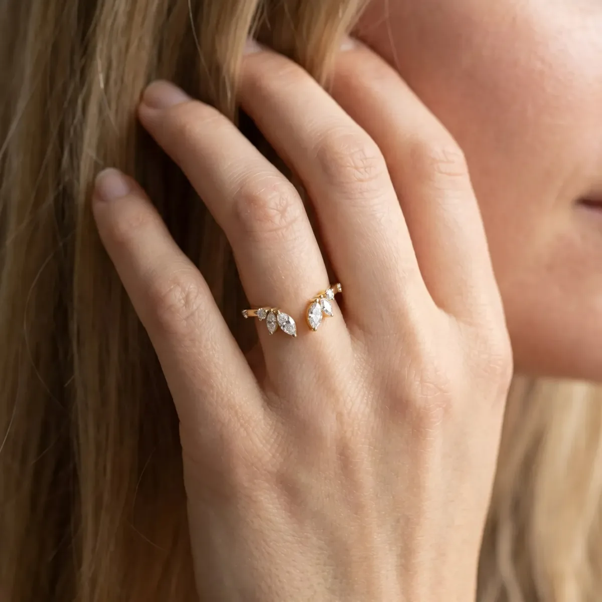 Open Marquise Cluster Diamond Band with Prong Setting Yellow gold