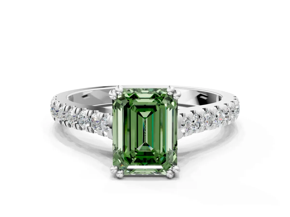 Fancy Green Emerald Cut Solitaire Pave Diamond Engagement Ring with Prong Setting White gold