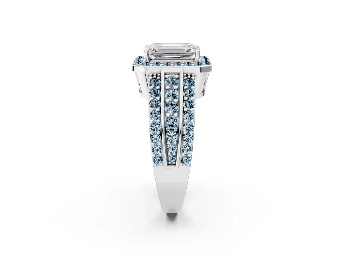 Emerald Cut Halo Diamond Ring with Round Aquamarine Split Shank and Prong Setting Silver