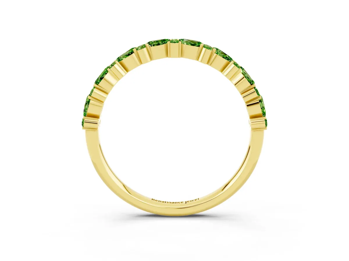 Pear and Round Peridot Wedding Band Yellow gold