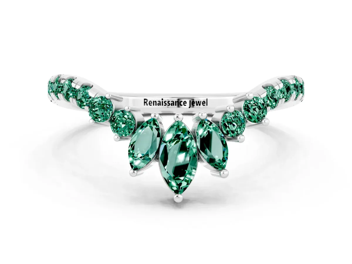 Chevron Marquise and Round Green Sapphire Open Band with Prong Setting Silver