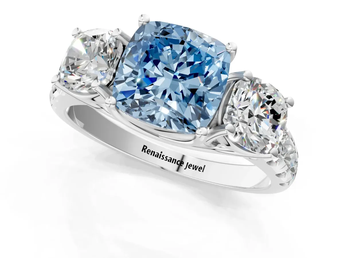 Fancy Blue Three-Stone Cushion Cut Diamond Pavé Band with Prong Setting Platinum