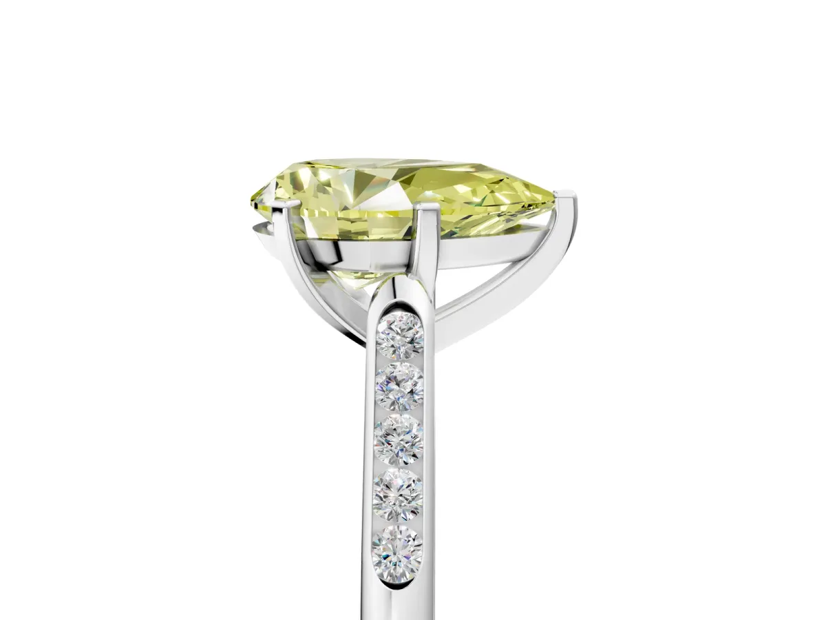 Fancy Yellow Pear Cut Diamond Solitaire Ring with Channel Set Round Band and Prong Setting Silver