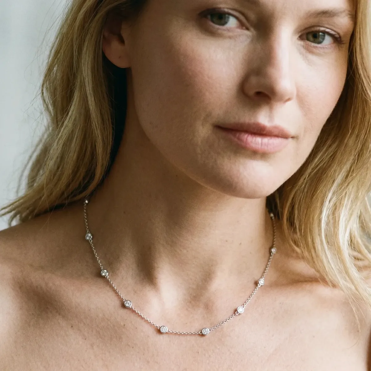 Bezel-Set Round Diamond Station Necklace Silver