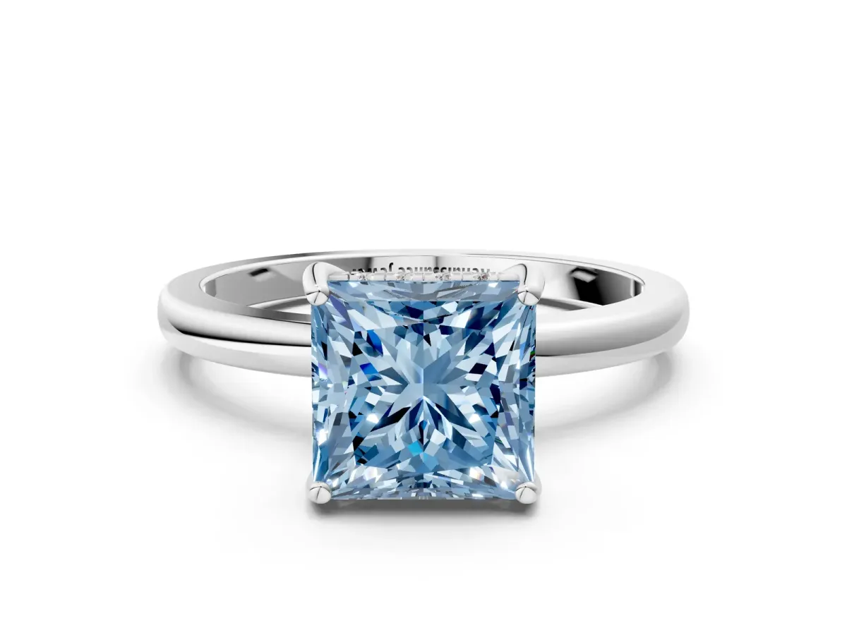 Fancy Blue Princess Cut Solitaire Diamond Ring with Prong Setting and Plain Band Silver