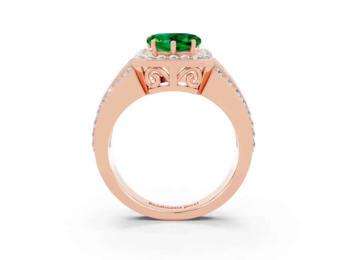 Heart Cut Halo Emerald Ring with Round Split Shank and Prong Setting Rose gold