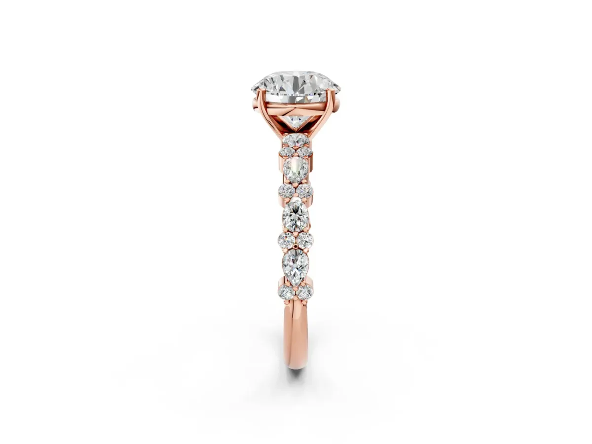 Round Cut Diamond Side Stone Solitaire Ring with Round and Four-Prong Setting Rose gold