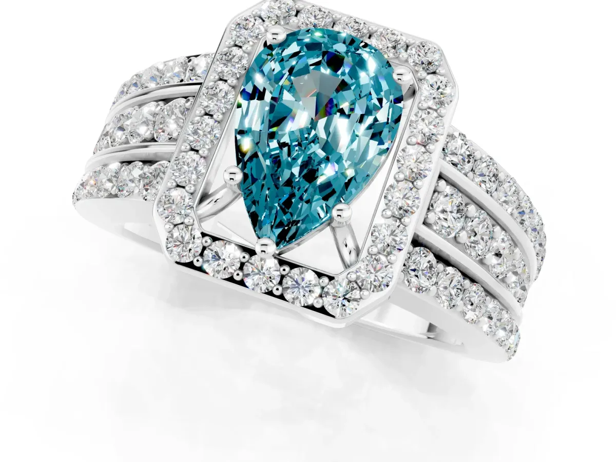 Pear Cut Halo Blue Topaz Ring with Round Split Shank and Prong Setting Silver