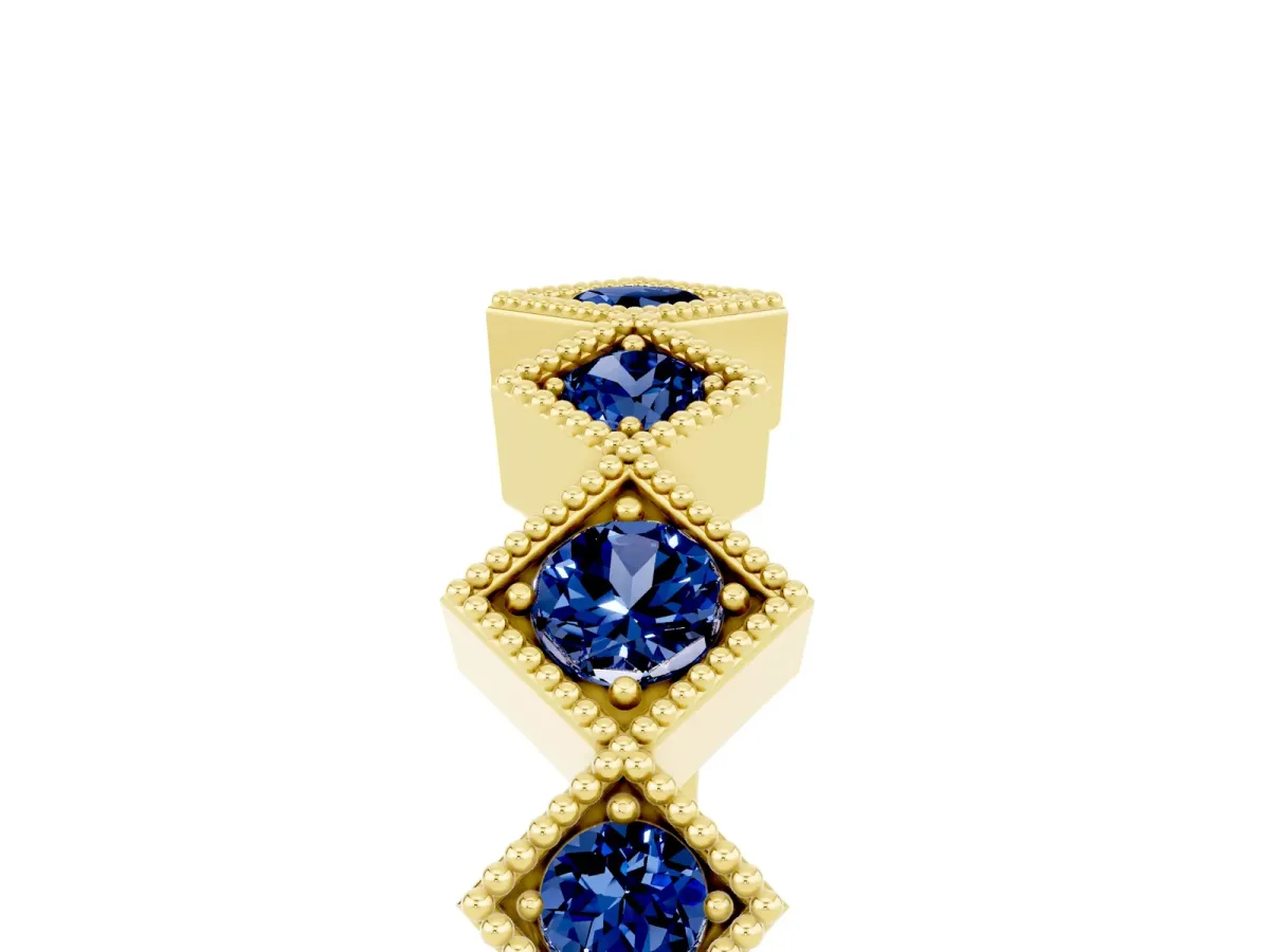 Milgrain Square Bezel Round Blue Sapphire Chevron Band Yellow gold