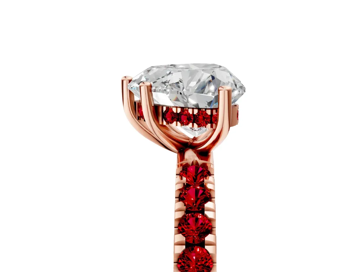 Heart Cut Diamond Pave Band Solitaire Ring with Round Ruby and Prong Setting Rose gold