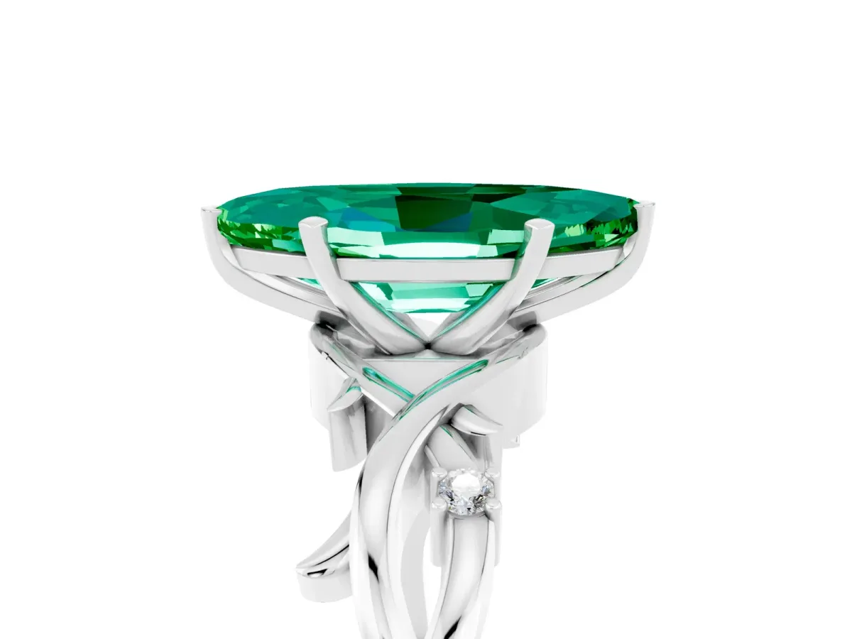 Marquise Cut Emerald Solitaire Ring with Milgrain Pavé Band and Four-Prong Setting Silver