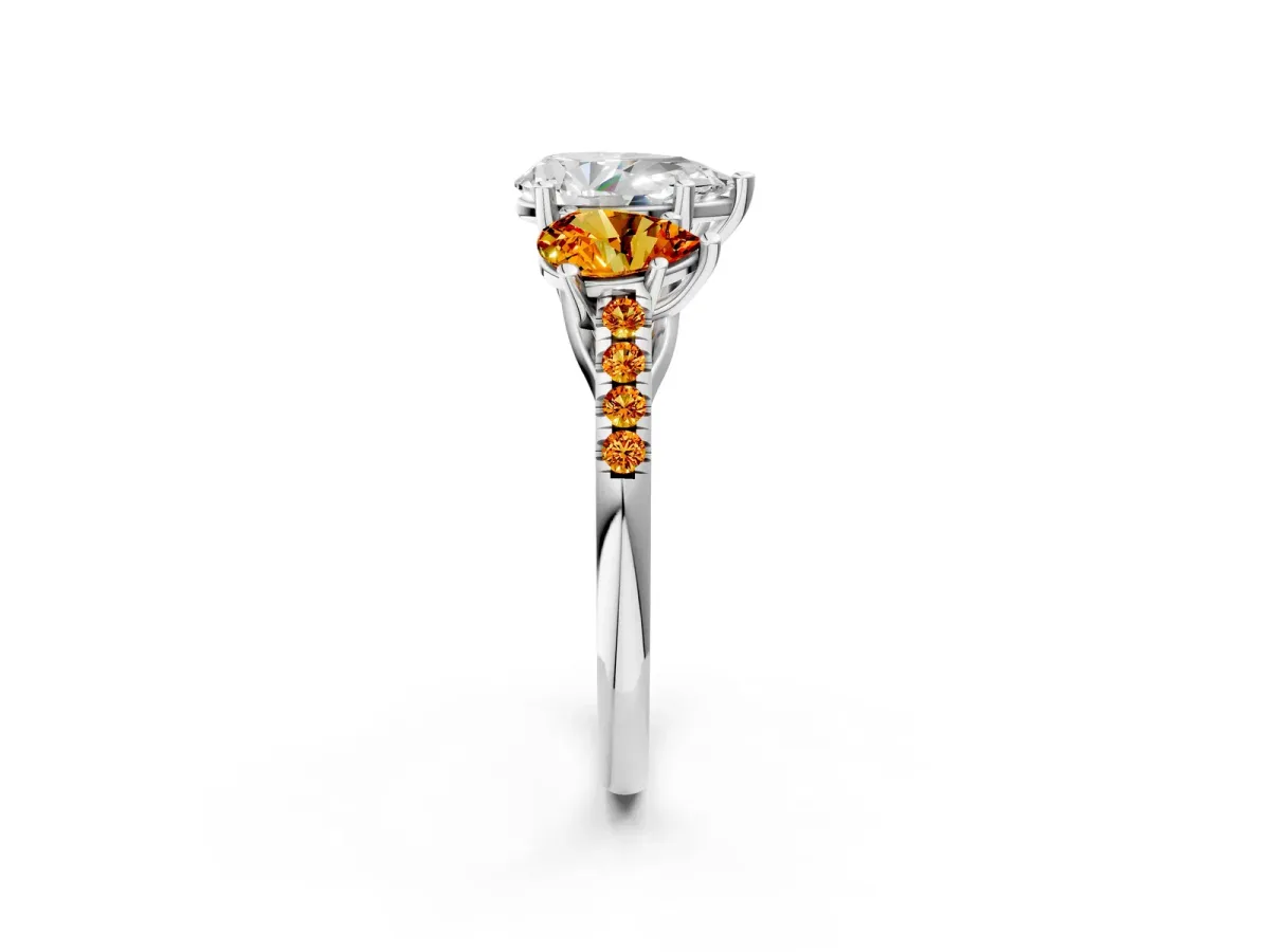 Three-Stone Pear Cut Diamond Ring with Round Citrine Pavé Band and Prong Setting Platinum