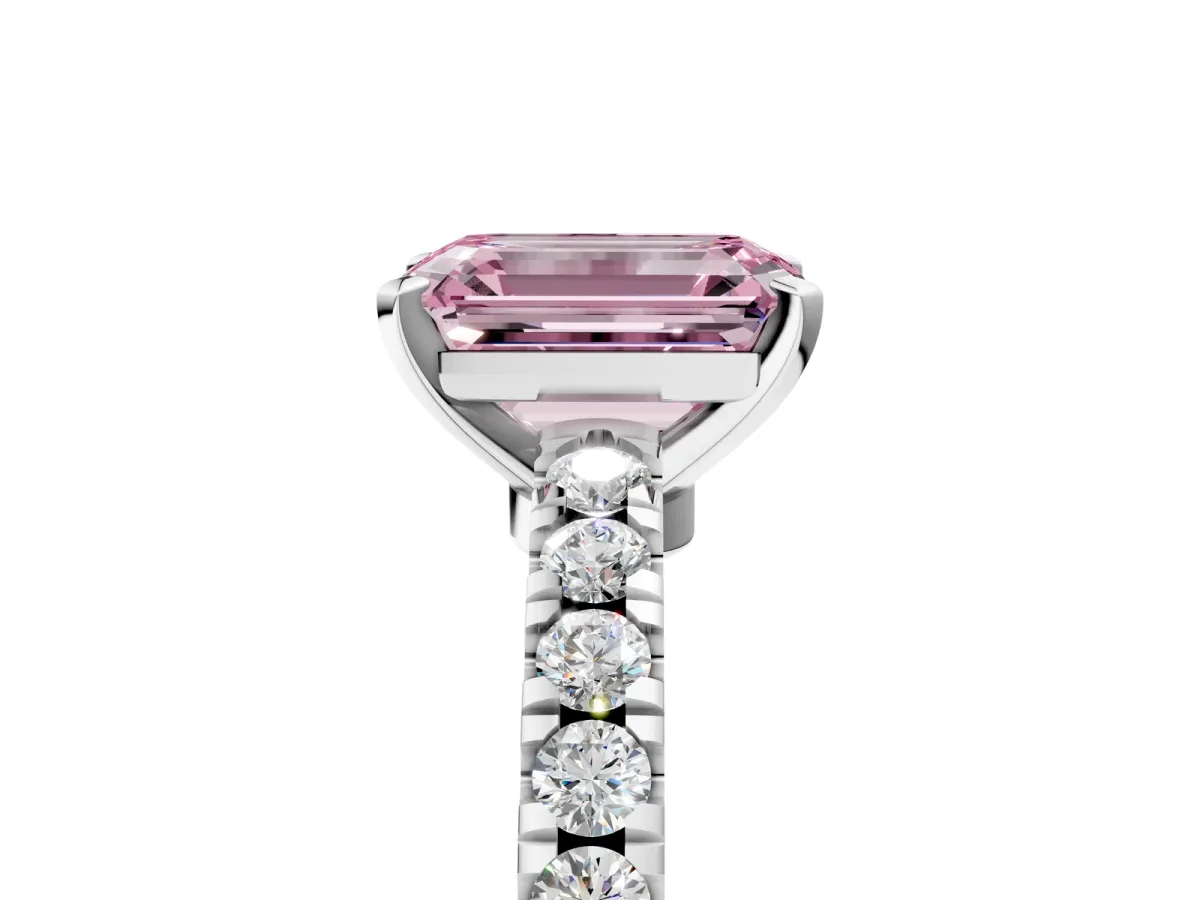 Fancy Pink Emerald Cut Solitaire Diamond with Pavé Band and Four-Prong Setting Silver