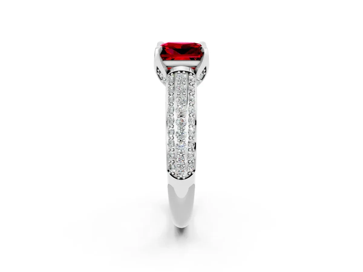Princess Cut Ruby Solitaire Ring with Three-Row Pavé Band and Four-Prong Setting Platinum