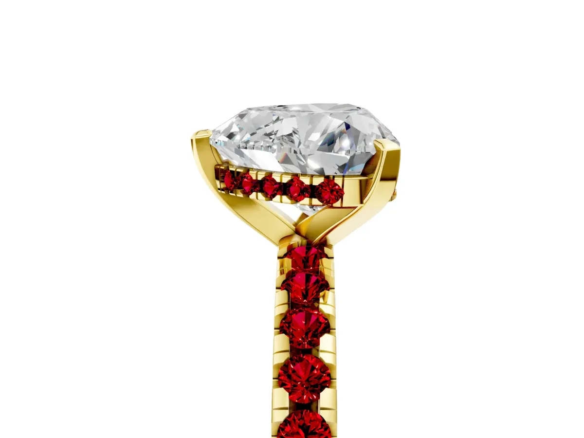 Heart Cut Diamond Solitaire Ring with Round Ruby Pavé Band and Four-Prong Setting Yellow gold