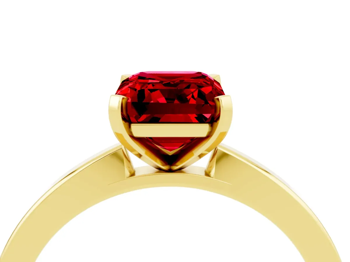 Emerald Cut Ruby Solitaire Engagement Ring with Classic Band and Four-Prong Setting Yellow gold