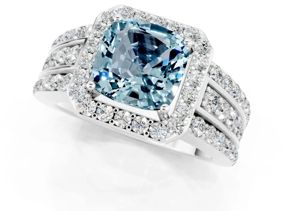 Cushion Cut Halo Aquamarine Ring with Round Split Shank and Prong Setting Silver