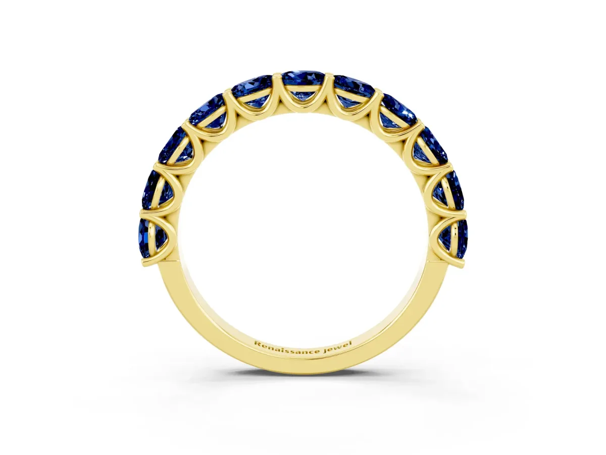 Round Blue Sapphire Shared Prong Eternity Band Yellow gold