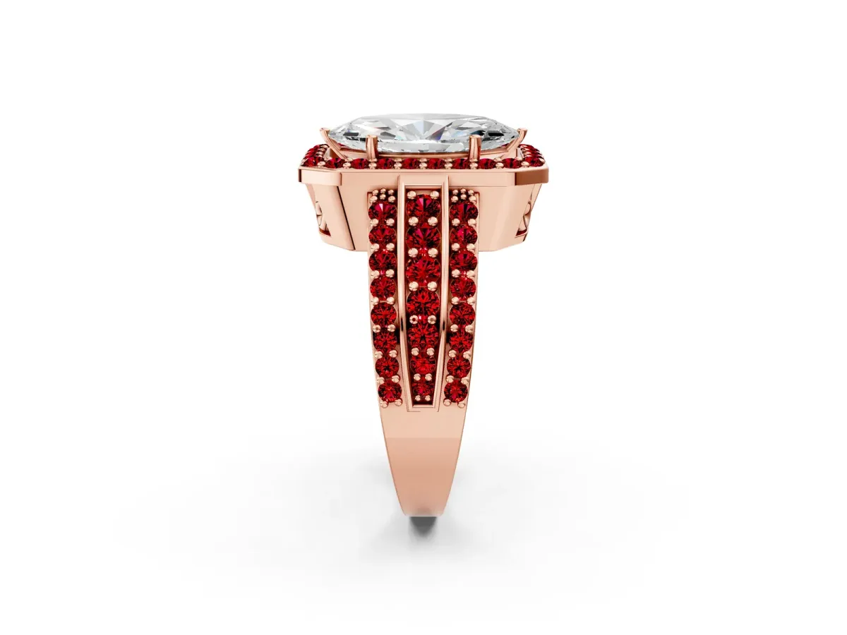 Marquise Cut Halo Diamond Ring with Round Ruby Split Shank and Prong Setting Rose gold