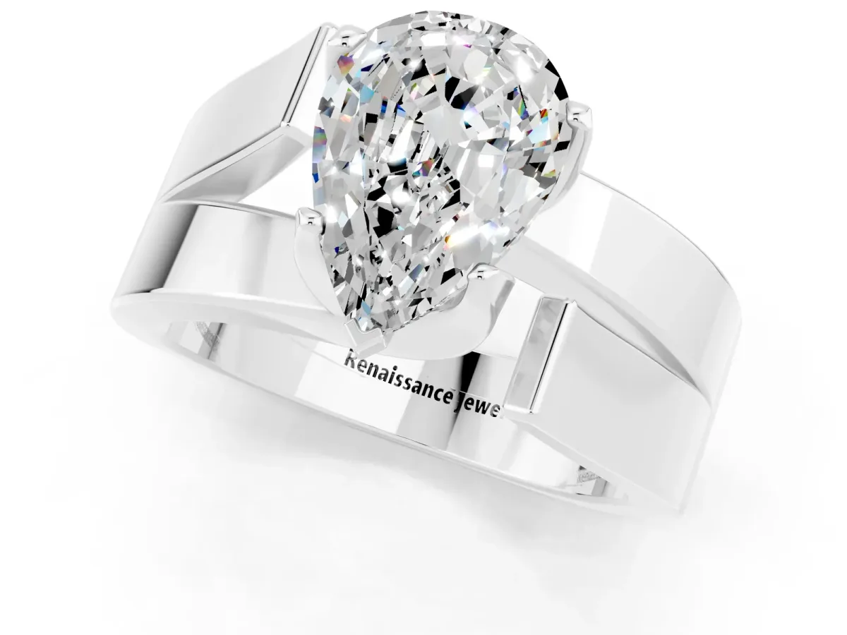Modern Tension Set Pear Cut Moissanite Solitaire Wide Band Ring Silver