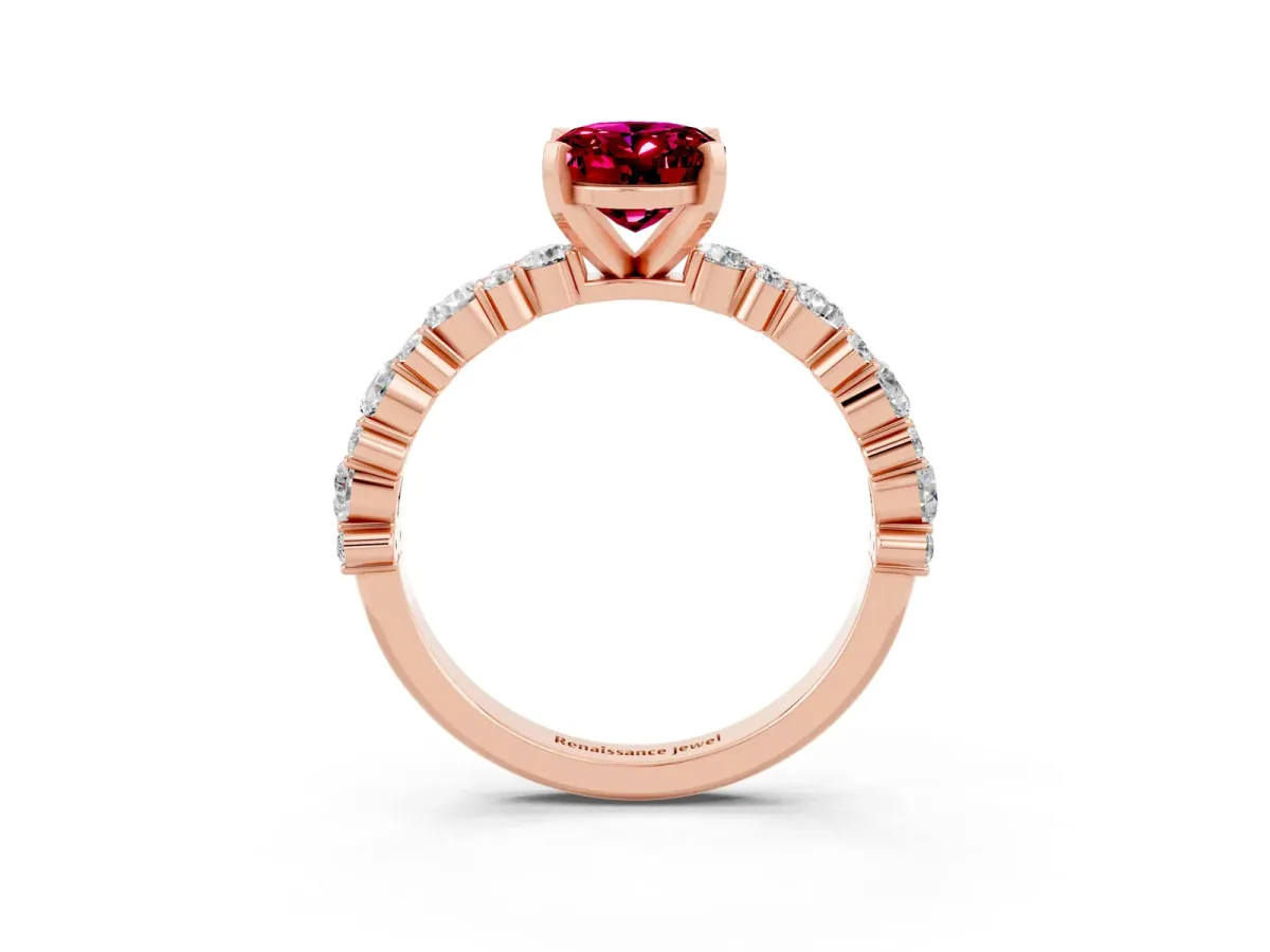 Oval Cut Garnet Side Stone Solitaire Ring with Round and Four-Prong Setting Rose gold