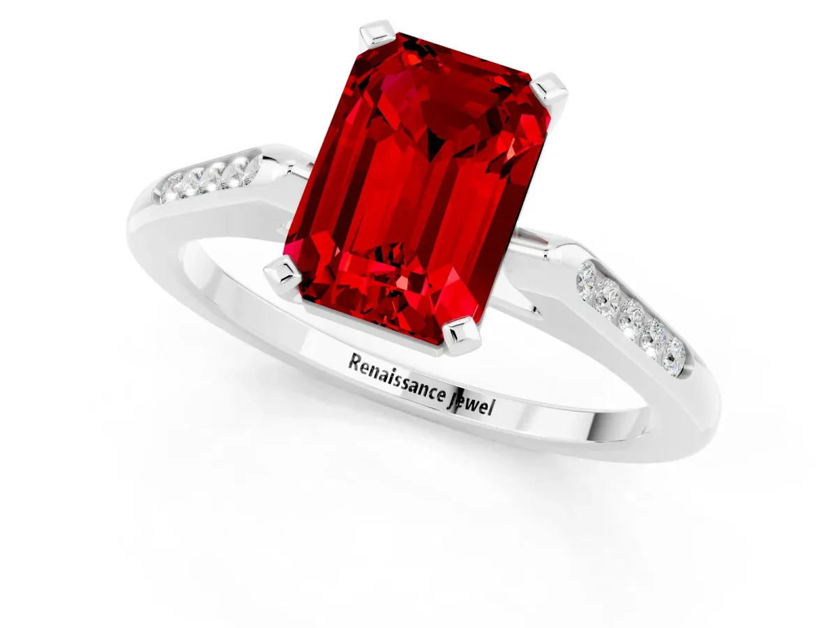 Emerald Cut Ruby Solitaire Ring with Channel Set Round Band and Prong Setting White gold