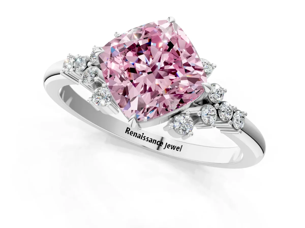 Fancy Pink Cushion Cut Diamond Ring with Side Stones and Four-Prong Setting Silver